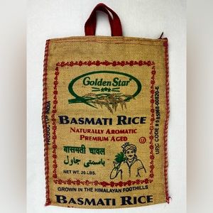 Vintage Upcycled Golden Star Basmati Rice Burlap Tote Bag Red Top Handles Zipper